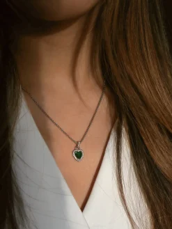 Green Diamante Heart Necklace And Earrings Set In Silver by SVNX