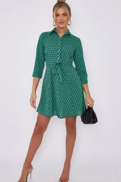Green Geo Print Belted Mini Shirt Dress by LOVE SUNSHINE
