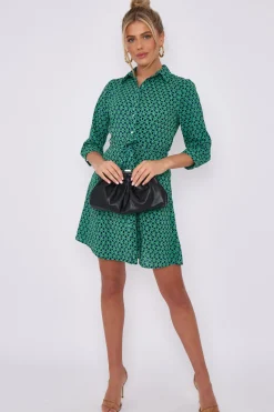 Green Geo Print Belted Mini Shirt Dress by LOVE SUNSHINE