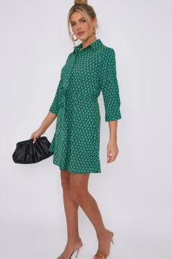 Green Geo Print Belted Mini Shirt Dress by LOVE SUNSHINE