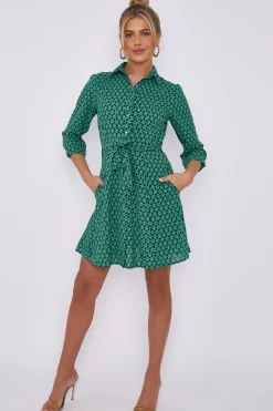 Green Geo Print Belted Mini Shirt Dress by LOVE SUNSHINE