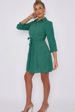 Green Geo Print Belted Mini Shirt Dress by LOVE SUNSHINE