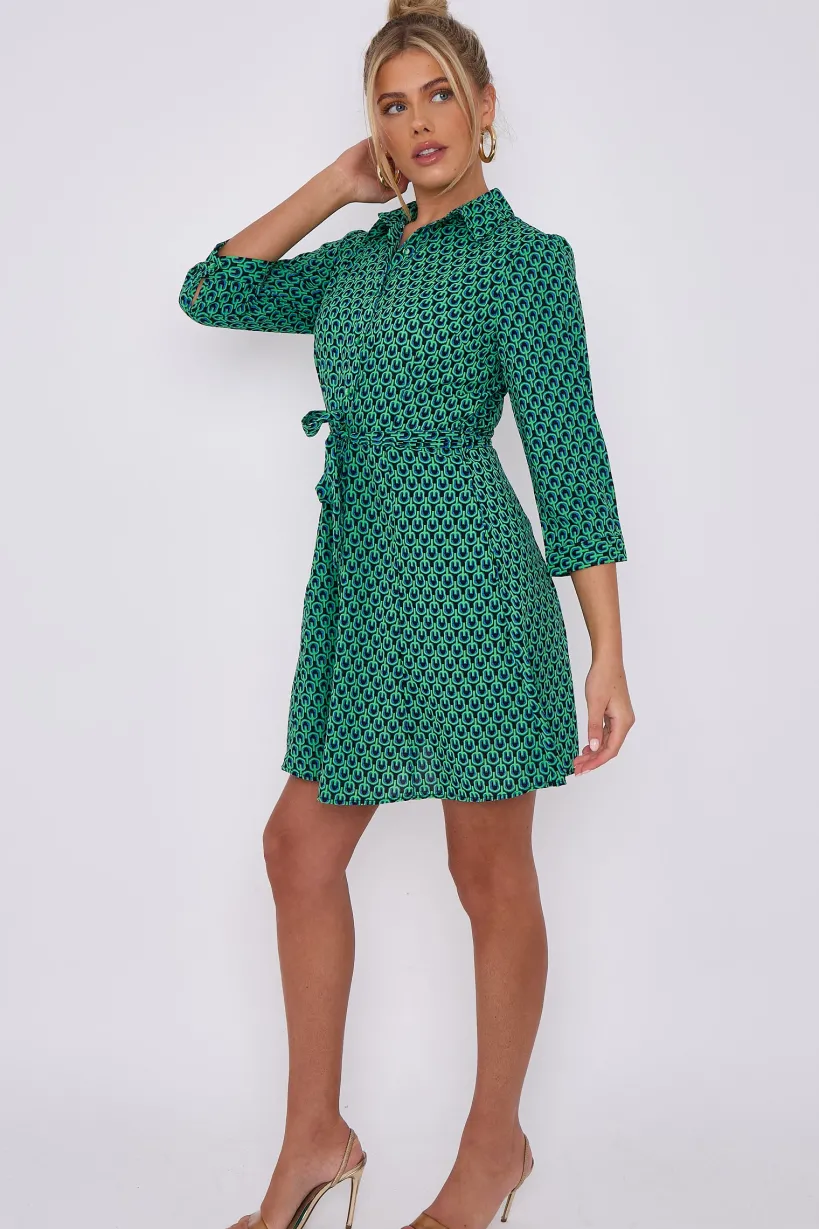 Green Geo Print Belted Mini Shirt Dress by LOVE SUNSHINE