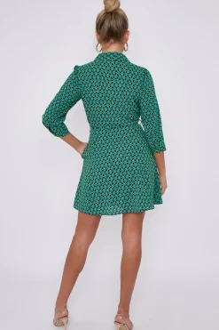 Green Geo Print Belted Mini Shirt Dress by LOVE SUNSHINE
