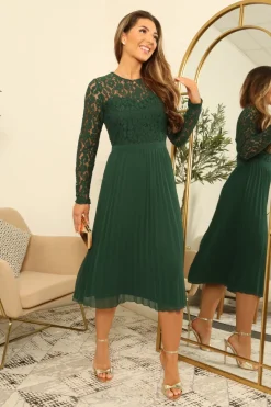 Green Long Sleeve Lace Pleated Dress by Double Second