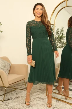 Green Long Sleeve Lace Pleated Dress by Double Second