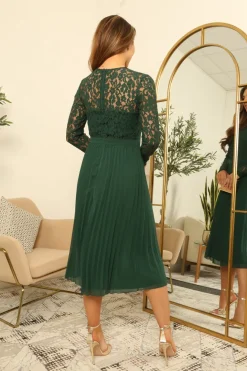 Green Long Sleeve Lace Pleated Dress by Double Second