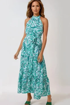 Green Paisley Print Halterneck Maxi Dress by Aftershock London