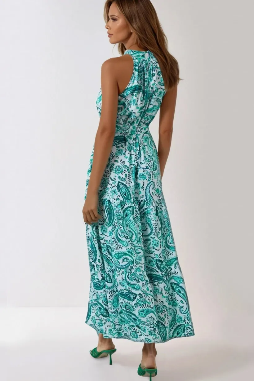 Green Paisley Print Halterneck Maxi Dress by Aftershock London