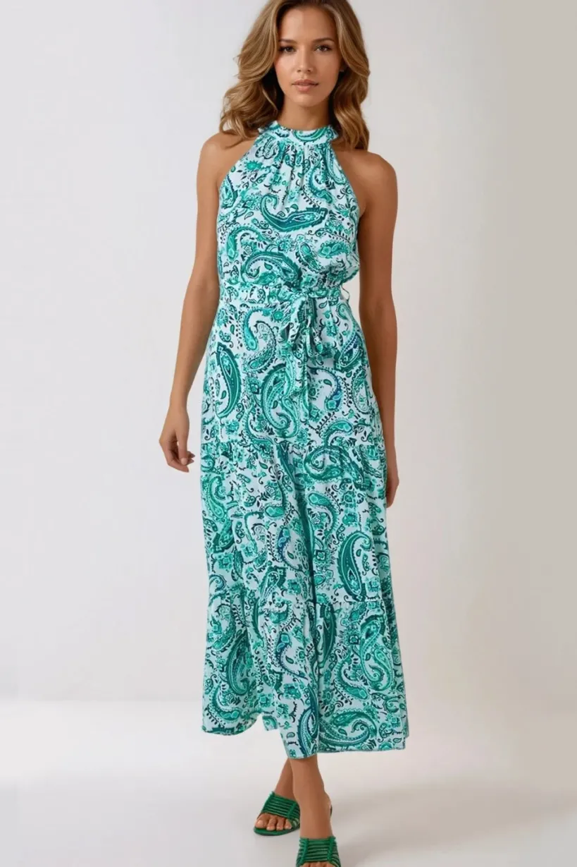 Green Paisley Print Halterneck Maxi Dress by Aftershock London