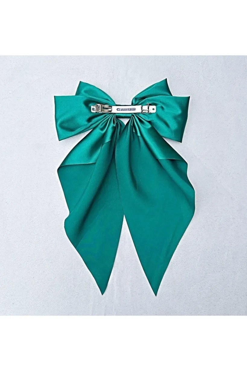 Green Satin Hair Bow Green Hair Clip Long Bow by QueenMee Accessories