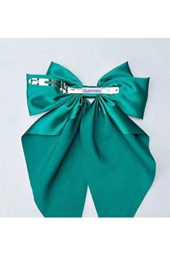 Green Satin Hair Bow Green Hair Clip Long Bow by QueenMee Accessories