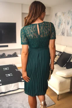 Green Short Sleeve Lace Pleated Dress by Double Second