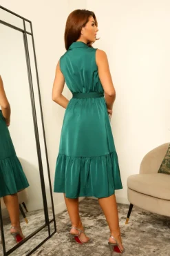 Green Sleeveless Satin Wrap Dress With Collar by Double Second