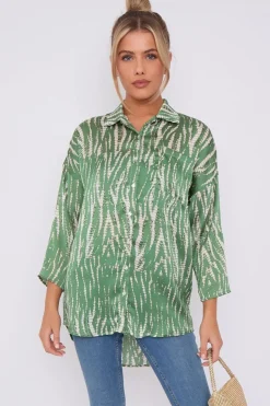 Green Tie Dye Print Satin Oversized Shirt by LOVE SUNSHINE
