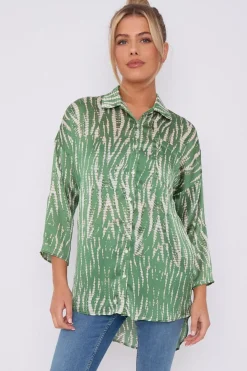 Green Tie Dye Print Satin Oversized Shirt by LOVE SUNSHINE