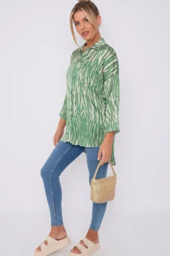 Green Tie Dye Print Satin Oversized Shirt by LOVE SUNSHINE