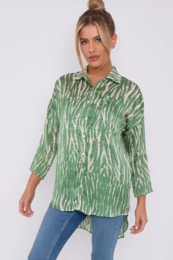 Green Tie Dye Print Satin Oversized Shirt by LOVE SUNSHINE