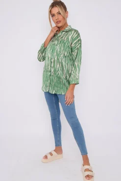 Green Tie Dye Print Satin Oversized Shirt by LOVE SUNSHINE