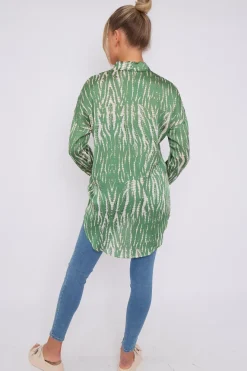 Green Tie Dye Print Satin Oversized Shirt by LOVE SUNSHINE