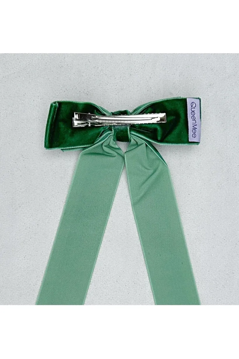 Green Velvet Hair Bow Dark Green Hair Clip Alligator Clip by QueenMee Accessories