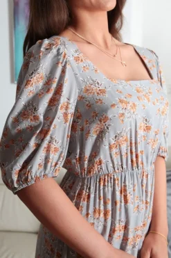 Grey Floral Dress With Square Neck by Double Second