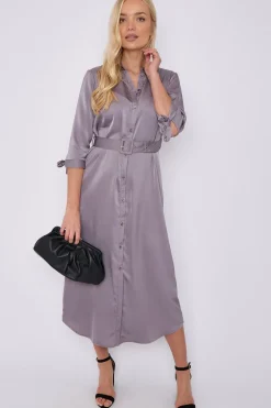 Grey Half Sleeve Belted Maxi Shirt Dress by LOVE SUNSHINE