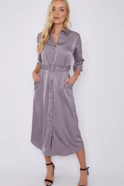 Grey Half Sleeve Belted Maxi Shirt Dress by LOVE SUNSHINE