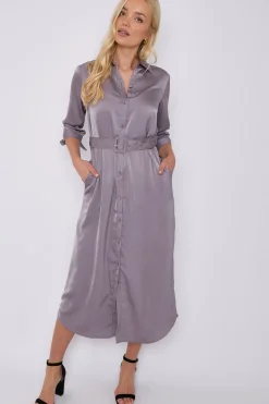 Grey Half Sleeve Belted Maxi Shirt Dress by LOVE SUNSHINE