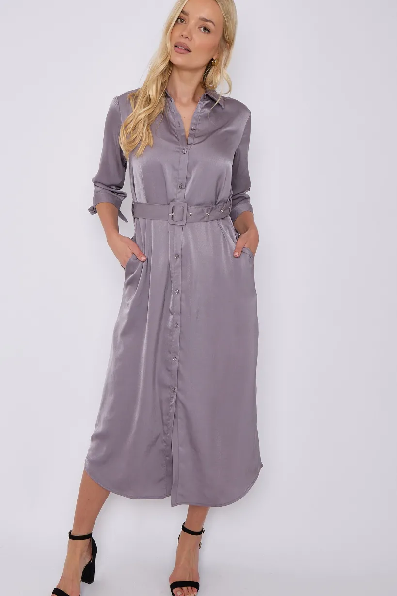 Grey Half Sleeve Belted Maxi Shirt Dress by LOVE SUNSHINE