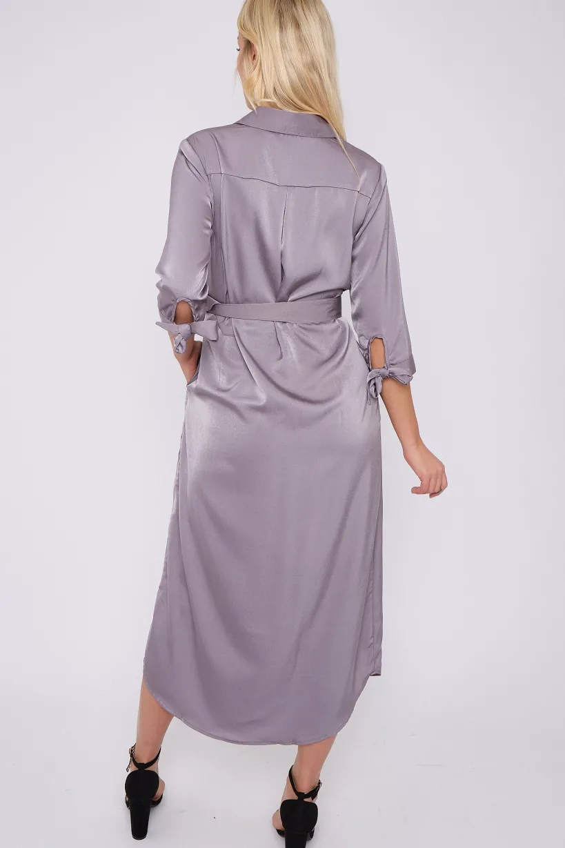 Grey Half Sleeve Belted Maxi Shirt Dress by LOVE SUNSHINE