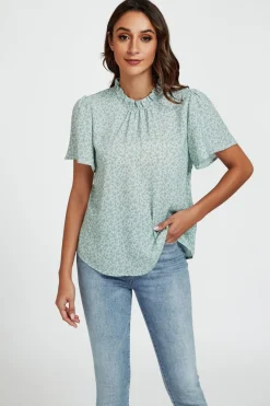 Grey Little Floral Print Angle Sleeve High Neck Top Blouse In Blue by FS Collection