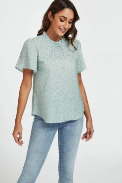 Grey Little Floral Print Angle Sleeve High Neck Top Blouse In Blue by FS Collection