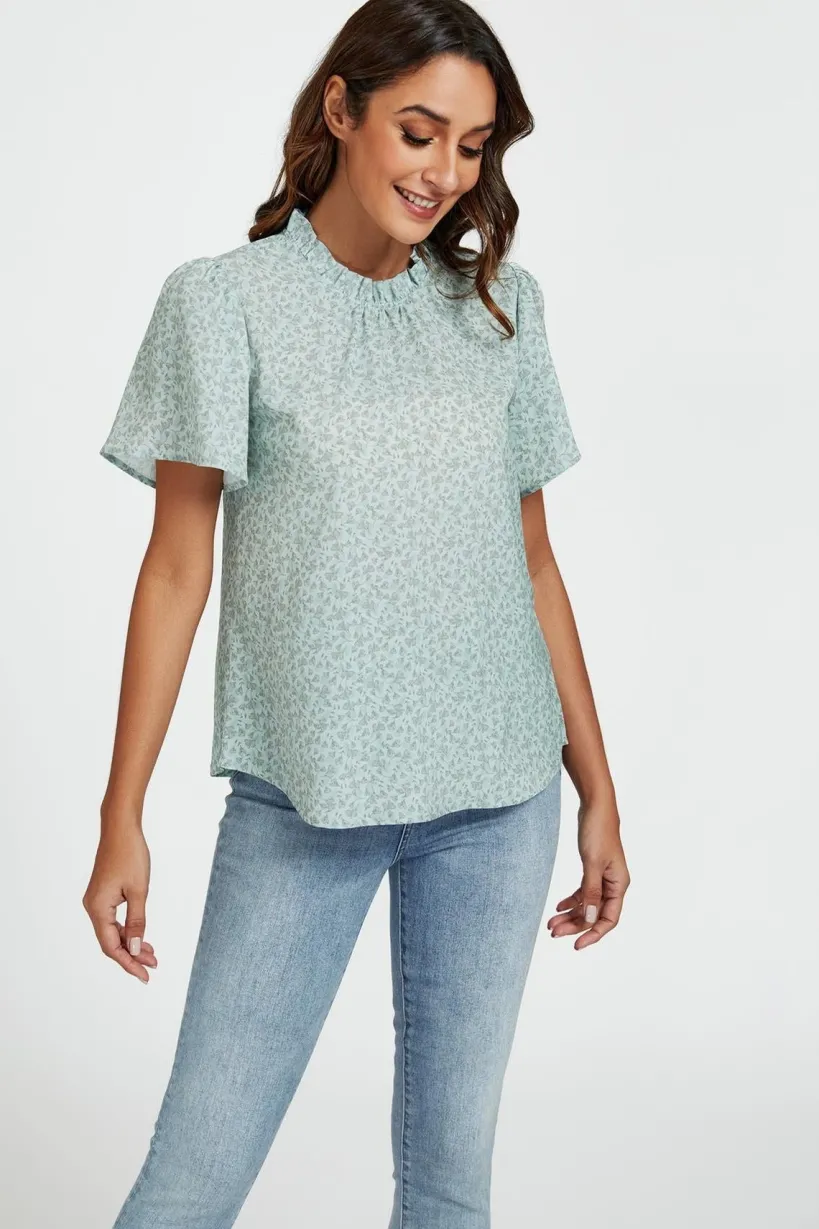 Grey Little Floral Print Angle Sleeve High Neck Top Blouse In Blue by FS Collection