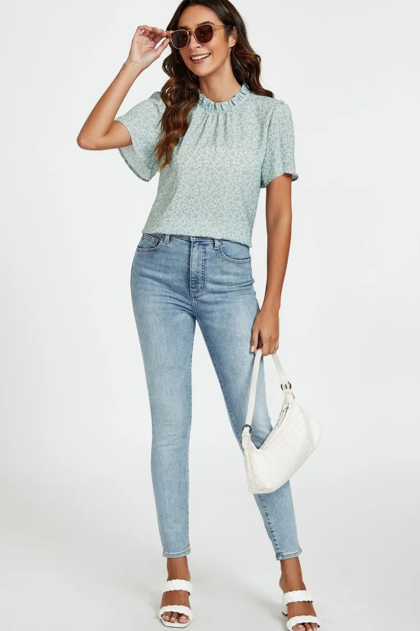 Grey Little Floral Print Angle Sleeve High Neck Top Blouse In Blue by FS Collection