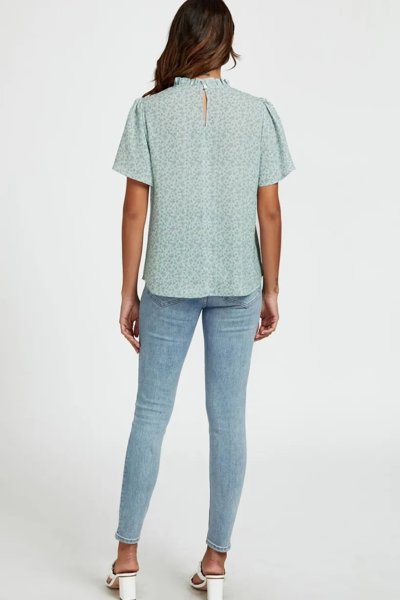 Grey Little Floral Print Angle Sleeve High Neck Top Blouse In Blue by FS Collection