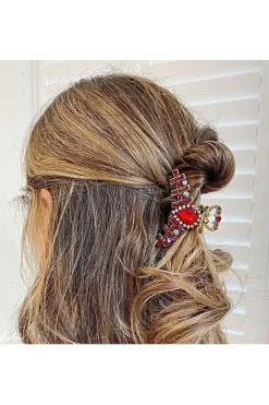 Hair Clamp In Red Hair Claw Clip With Crystal Gold by QueenMee Accessories