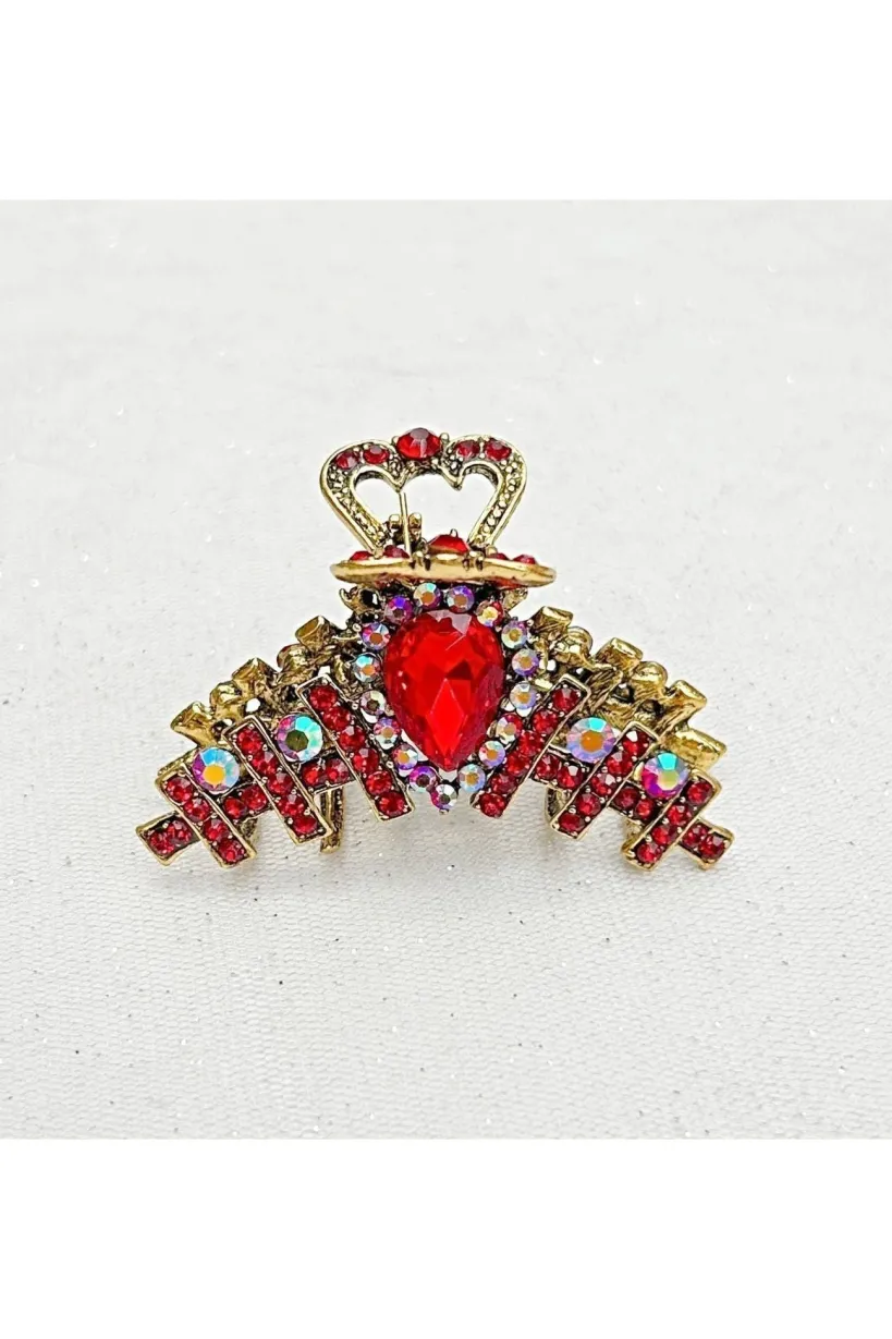 Hair Clamp In Red Hair Claw Clip With Crystal Gold by QueenMee Accessories