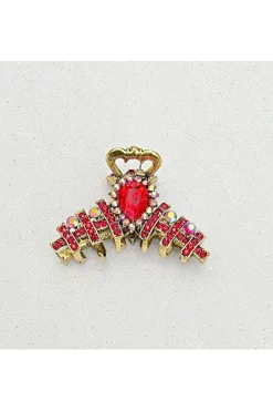 Hair Clamp In Red Hair Claw Clip With Crystal Gold by QueenMee Accessories