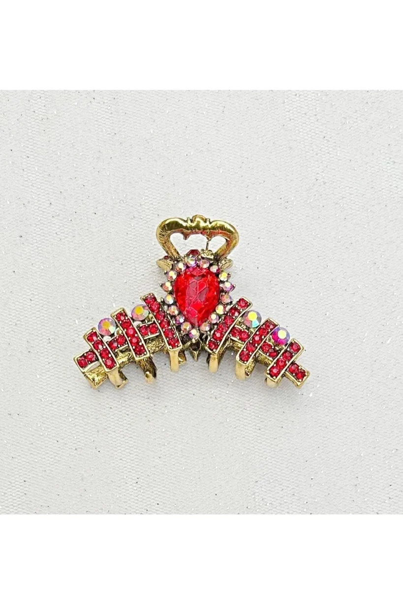 Hair Clamp In Red Hair Claw Clip With Crystal Gold by QueenMee Accessories