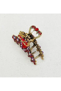 Hair Clamp In Red Hair Claw Clip With Crystal Gold by QueenMee Accessories