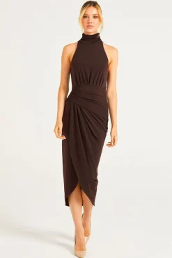 Halter Neck Faux Wrap Dress In Chocolate Brown by Angeleye