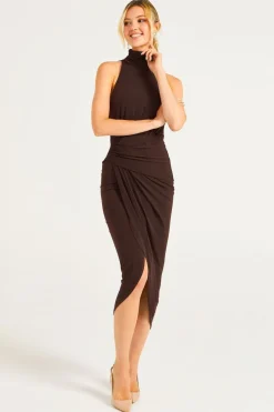 Halter Neck Faux Wrap Dress In Chocolate Brown by Angeleye