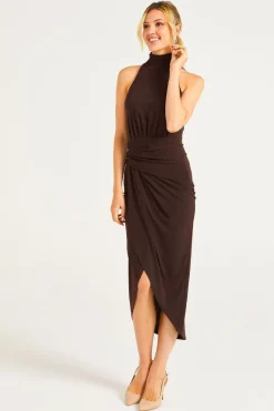 Halter Neck Faux Wrap Dress In Chocolate Brown by Angeleye