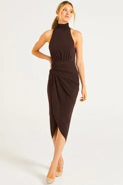Halter Neck Faux Wrap Dress In Chocolate Brown by Angeleye