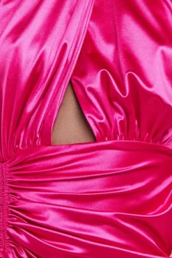 Halter Neck Front Split Satin Maxi Dress - Magenta by Goddiva