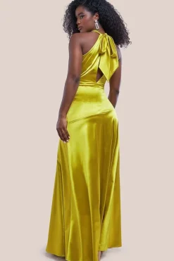Halter Neck Front Split Satin Maxi Dress - Lime Green by Goddiva