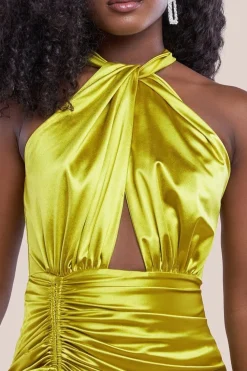 Halter Neck Front Split Satin Maxi Dress - Lime Green by Goddiva