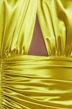Halter Neck Front Split Satin Maxi Dress - Lime Green by Goddiva