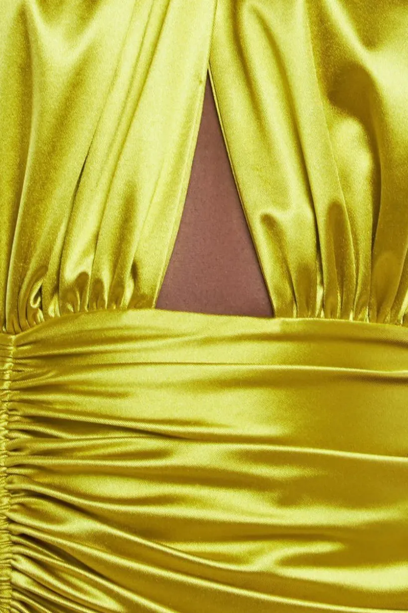 Halter Neck Front Split Satin Maxi Dress - Lime Green by Goddiva